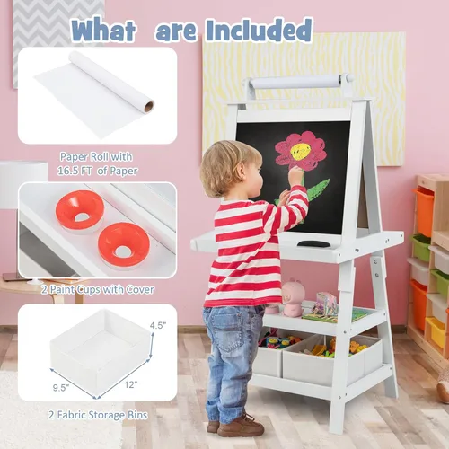 Miniatura 6 de Costzon Caballete de arte para niños, caballete de pintura de doble cara 3 en 1 con pizarra blanca magnética, pizarra y rollo de papel, estante