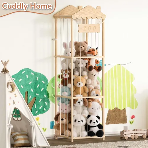 Miniatura 7 de AMBIRD Almacenamiento de animales de peluche, soporte de madera para zoológico, organizadores de juguetes grandes para niños, almacenamiento
