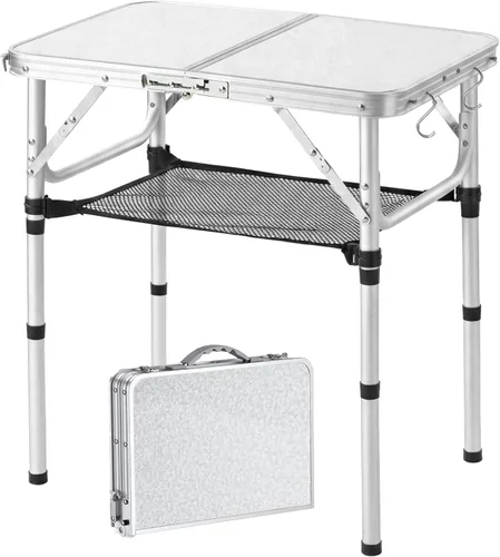 Miniatura 7 de YUFIFAIRY Mesa plegable pequeña de 2 pies, mesa de campamento portátil con soportes de malla, altura ajustable de aluminio ligero, con asa