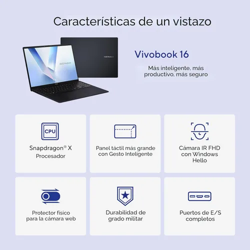 Miniatura 4 de ASUS Vivobook 14 Laptop, Pantalla WUXGA de 14” 60Hz, Qualcomm Snapdragon X, GPU Qualcomm Adreno, 16GB RAM, SSD de 512GB, Windows 11, Plata Claro