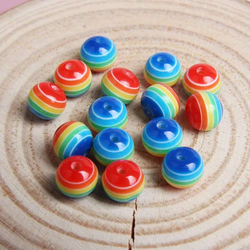 Miniatura 4 de Acxico 100 cuentas redondas de rayas de arco iris de resina acrílica de colores mixtos de 0.315 in