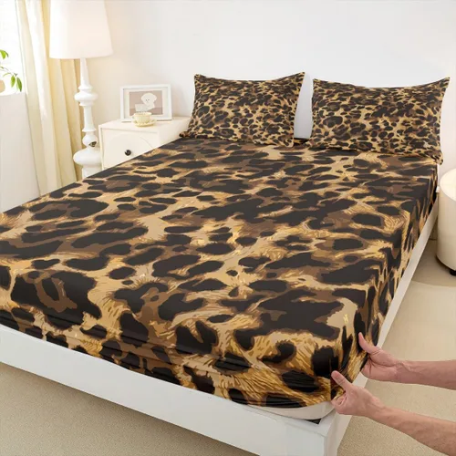 Miniatura 26 de Juego de sábanas con estampado de manchas de piel de cheetah abstracto, sábana bajera tamaño individual para niños, niñas y mujeres, decoración