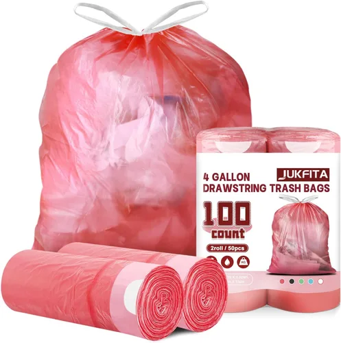 Bolsas de basura de 4 galones con cordón, 100 unidades, extra fuertes, pequeñas, sin perfume, para baño, baño, oficina, cocina, color rojo