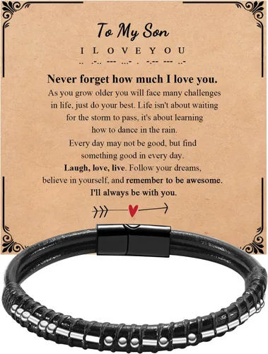 Miniatura 9 de Pulseras para hombre con código morse para hombre, pulsera de cuero con texto en inglés «I Love You», regalo de joyería para hombre y hombre