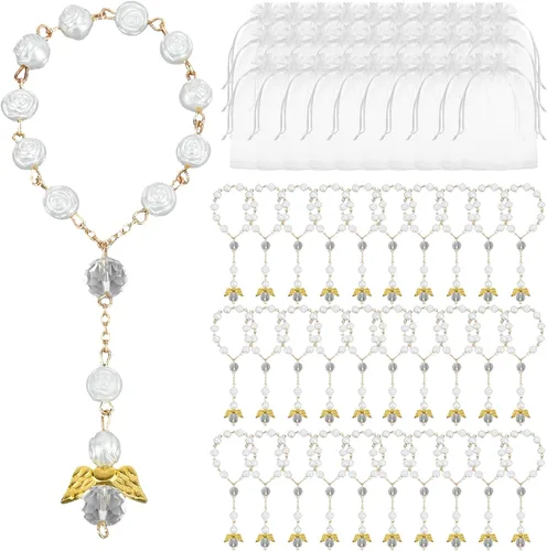 30 piezas de mini rosario de bautismo a granel y 30 bolsas de organza para bautizo, bodas, decoración de baby shower, regalos cristianos, regalos de