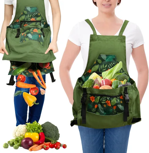 Gardening Apron with Quick Release Pockets for Women and Men, Water Resistant Picking Pouch Verde