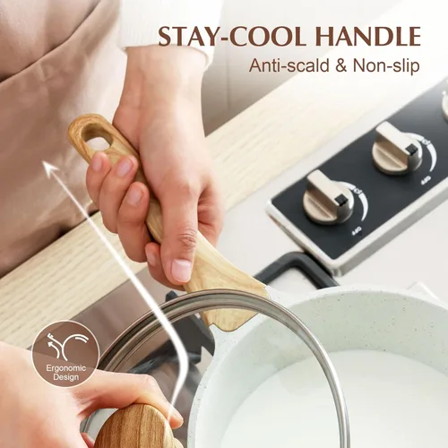Miniatura 7 de SENSARTE - Set de Cacerola Antiadherente de Cerámica Blanca con Tapa, Olla de Cocina Pequeña con Mango de Enfriamiento Lento, Cacerola Compatible
