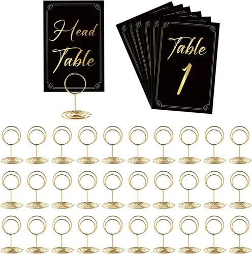 31 juegos de tarjetas de números de mesa con soportes, 1-30 elegantes tarjetas de asiento de mesa de color negro dorado, soporte de lugar de 2
