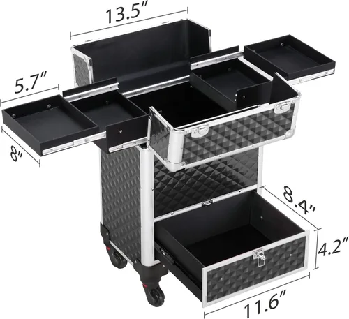Miniatura 5 de Yaheetech Estuche de Maquillaje Tipo Tren con Ruedas, Estuche de Aluminio para Cosméticos con Ruedas, Estuche de Barbero para Salón, Carrito