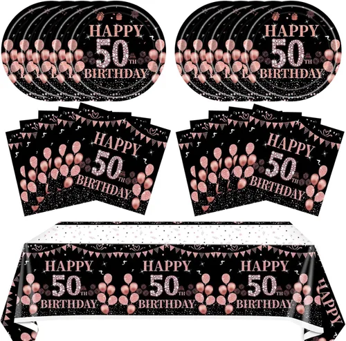 Miniatura 14 de 41 piezas de decoraciones de 90 cumpleaños para mujeres, platos y servilletas de 90 cumpleaños en negro y oro rosa, juego de vajilla de feliz