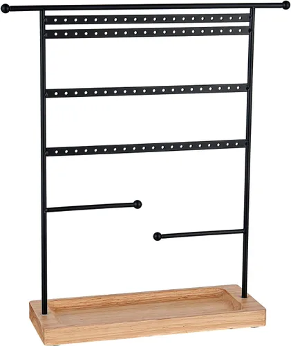 Miniatura 5 de Bielebbi Organizador de aretes, soporte para pendientes y soporte para joyas con soporte para collar de 4 niveles, bandeja de madera adecuada