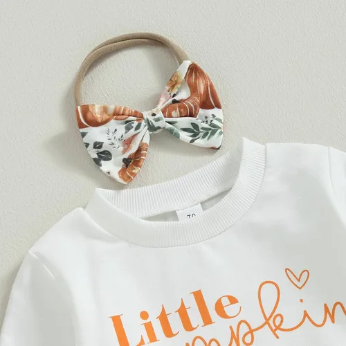 Miniatura 5 de Ropa de invierno para bebé niña, sudadera de cuello redondo con diseño de calabaza, pantalones deportivos de flores, diadema para niños pequeños