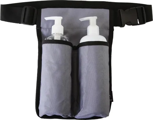 Miniatura 10 de Cinturón de aceite de masaje, soporte de loción de doble bolsillo, organizador de cintura ajustable para terapeuta de spa para suministros de Negro