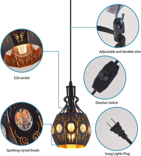 Miniatura 7 de YLONG-ZS Lámpara Colgante Swag Luces con Enchufe Luz Colgante con Enchufe, Luces Colgantes con Cable con Enchufe Pequeña Negra Vintage Rústica