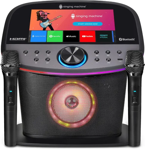 Singing Machine Platinum Plus - Sistema de karaoke todo en uno con 2 micrófonos inalámbricos, Bluetooth/WiFi, altavoz de sonido portátil premium,