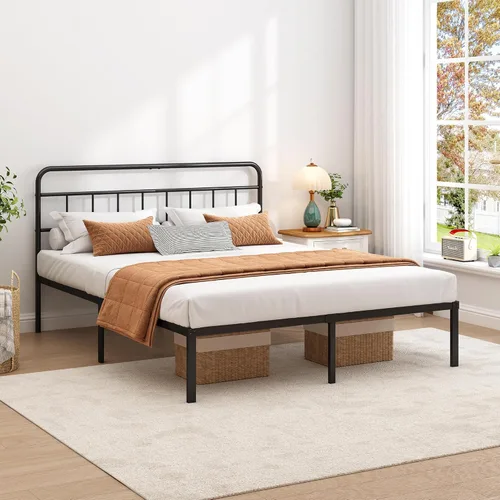 Miniatura 4 de Base de cama Queen con cabecera clásica, fuerte soporte de listones de metal, espacio de almacenamiento debajo de la cama, no necesita somier, fácil