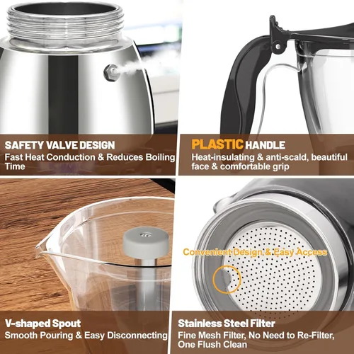 Miniatura 5 de Olla de plástico transparente de 6 tazas de acero inoxidable sin recubrimiento, cafetera italiana, cafetera moca greca, cafetera clásica