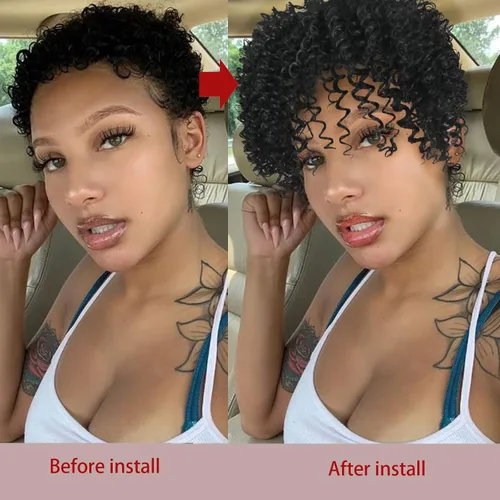 Miniatura 2 de Oseti Peluca de cabello rizado afro negro corto con clip en piezas sintéticas para mujeres con cabello delgado, pelucas negras suaves naturales