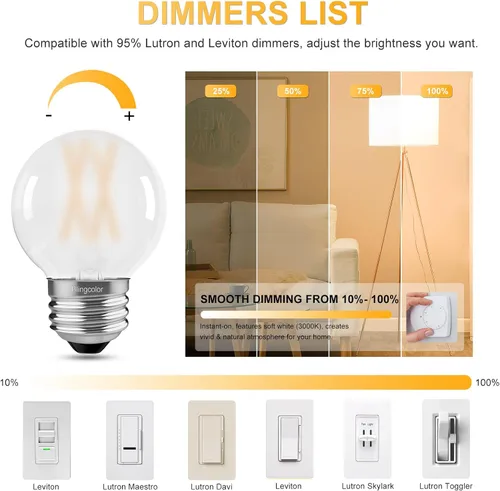 Miniatura 4 de Paquete de 6 bombillas LED G16.5 esmeriladas, foco LED E26 equivalente a 60 W, foco LED regulable G16 1/2 Edison de 6 W 3000 K blanco suave, focos