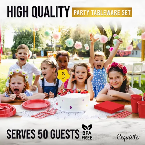 Miniatura 6 de 350 piezas de platos de plástico rojo para fiestas, juego de platos desechables rojos, 50 de cada juego de platos para cena de 9 pulgadas, platos