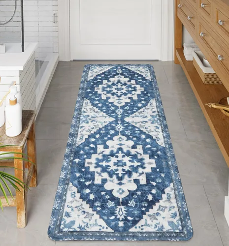 Miniatura 24 de Uphome Alfombra de baño vintage, azul, bohemio, antideslizante, oriental, suave, lavable a máquina, lindas alfombras de baño tribales florales
