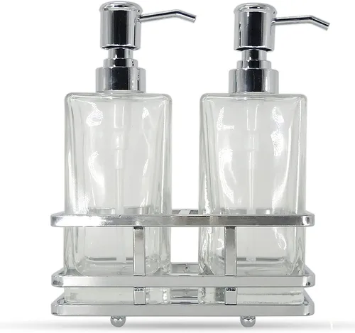 Miniatura 9 de Juego de dispensador de loción y jabón de vidrio cuadrado transparente con bomba y soporte de metal para baño, cocina, hogar, oficina, viaje, hotel
