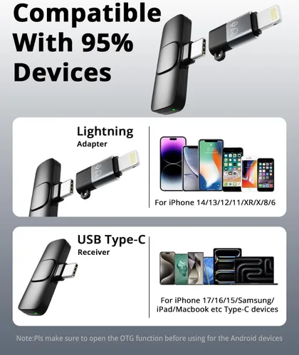 Miniatura 4 de Micrófono Lavalier inalámbrico para iPhone, Android, iPad, tabletas, mini micrófono Bluetooth con cancelación de ruido, transmisión de 65 pies