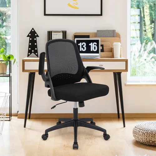 Miniatura 9 de Giantex Silla ergonómica de malla con respaldo medio para computadora, soporte lumbar, reposabrazos abatibles, silla giratoria de altura ajustable