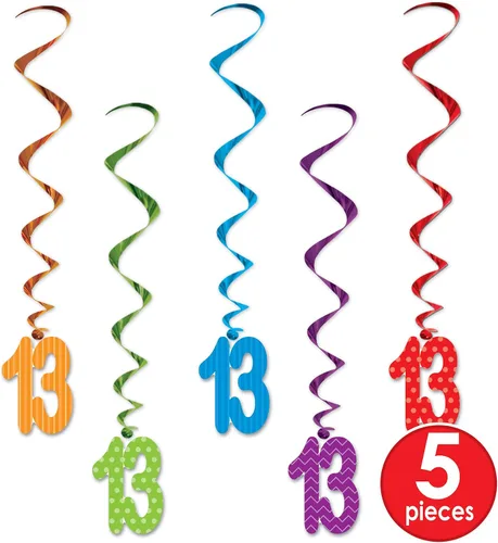 Miniatura 2 de Beistle Remolinos del número "13" – Paquete de 5 coloridas decoraciones colgantes en espiral con recortes de doble cara número trece para fiestas