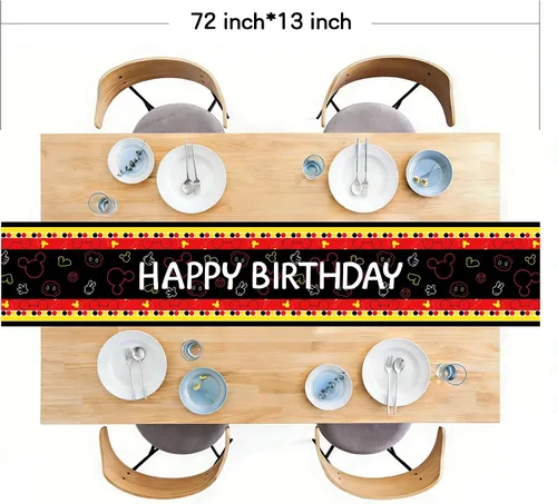 Miniatura 2 de Camino de mesa de feliz cumpleaños, negro, rojo, amarillo, ratón, tela de poliéster, decoración de mesa de comedor para decoración de fiesta