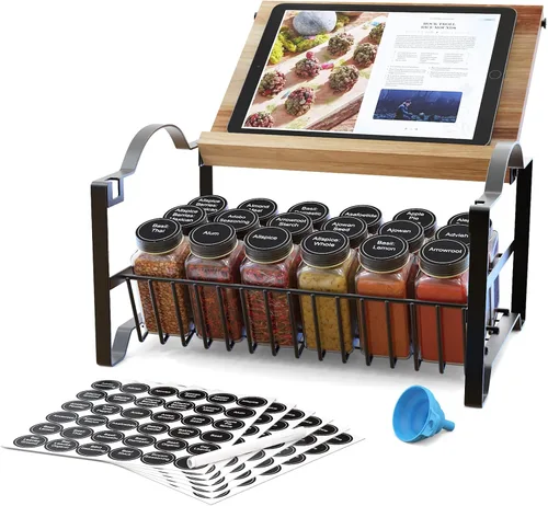 Organizador de especias de 3 niveles con soporte superior de bambú para tableta, 18 tarros de especias, 422 etiquetas de especias y juego de embudo