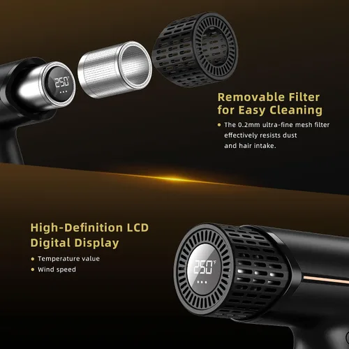 Miniatura 6 de Secador de pelo iónico con difusor, secado rápido, con pantalla LCD y tecnología de limpieza automática, 4 ajustes de calor y 3 velocidades, diseño