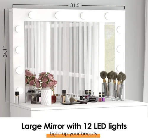 Miniatura 7 de Vabches Tocador de maquillaje con luces, Mesa tocador de maquillaje, Brillo ajustable, Cajón grande tocador resistente para dormitorio estudio