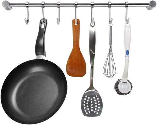 Miniatura 5 de Estantes de utensilios de cocina de acero inoxidable 304 con 7 ganchos deslizantes montados en la pared de 15 pulgadas
