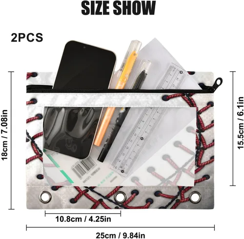 Miniatura 3 de Baseball Pencil Pouch for 3 Ring Binder，Zippered Pencil Case with Clear Window Organizers Bag 2 Packs