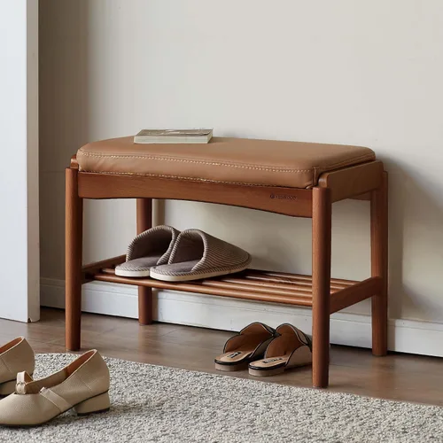 Miniatura 13 de Banco de zapatos de madera maciza montado, banco de zapatos con cojín de cuero de silicona para entrada, sala de estar, dormitorio, pasillo, 11.8 x