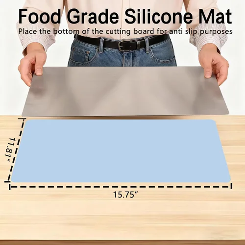 Miniatura 2 de Tablas de cortar grandes de acero inoxidable para cocina, tablas de cortar con alfombrilla antideslizante azul, tabla de cortar con borde