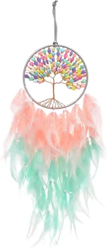 Miniatura 18 de Pretty Jolly Atrapasueños de árbol de la vida azul aguamarina, decoración de pared con piedra de cristal curativo, hecha a mano, plumas azules