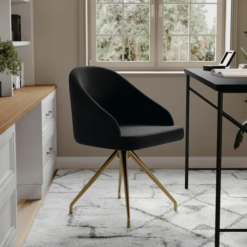 Miniatura 2 de Martha Stewart Sora Silla de Trabajo Giratoria Fija con Brazos Inclinados para Oficina en Casa en Terciopelo Negro con Marco de Latón Pulido