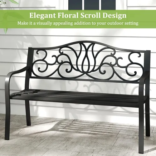 Miniatura 9 de Tangkula Banco de jardín de 50 pulgadas para exteriores, sofá biplaza de metal de hierro fundido con respaldo de diseño floral y asiento