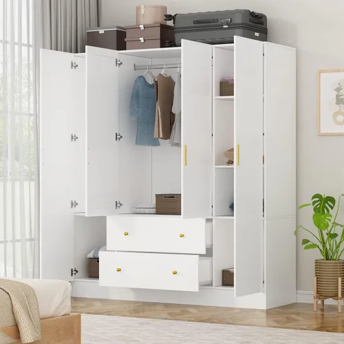 Miniatura 3 de ECACAD Armario con espejo, estantes de 5 niveles, 2 cajones, 2 varillas para colgar y 4 puertas, armario de almacenamiento de madera para Blanco