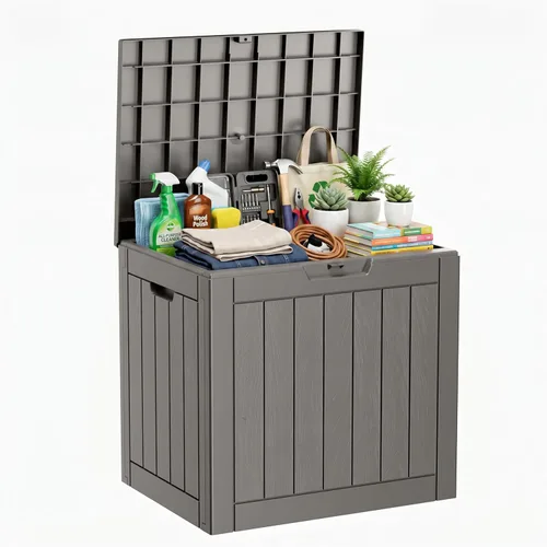 Miniatura 13 de ROJIK Caja de almacenamiento para exteriores, caja de cubierta impermeable de 85 galones, contenedor de almacenamiento exterior de resina resistente