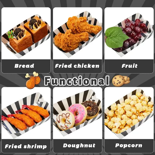 Miniatura 4 de Yaomiao 100 bandejas de papel a rayas, botes de papel para comida, nachos y perritos calientes, platos desechables para carnaval, ferias, Negro