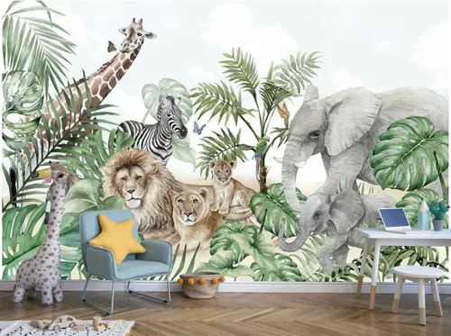 Miniatura 7 de Pegatinas de pared de animales de selva de plantas verdes tropicales, murales de pared personalizados para dormitorios, salas de estar, oficinas