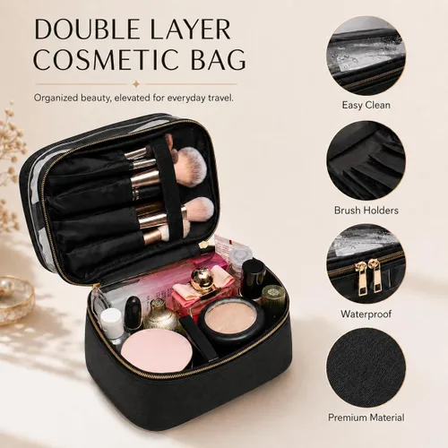 Miniatura 2 de Bolsa de cosméticos de doble capa, bolsa de maquillaje, bolsa de aseo grande, bolsa organizadora de maquillaje de viaje para niñas y mujeres, Negro