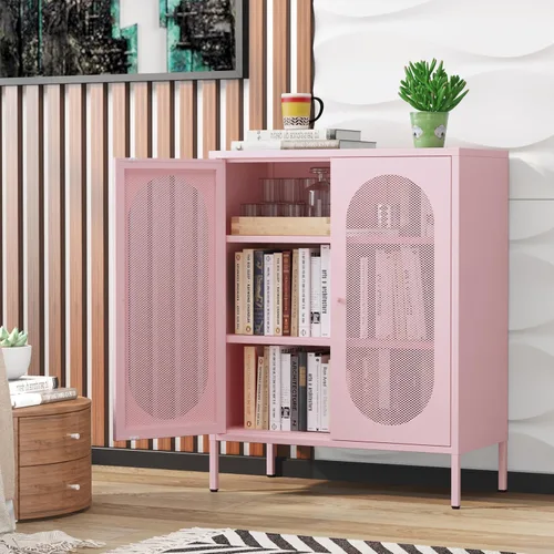 Miniatura 14 de Armario de almacenamiento de metal con 2 puertas de malla para sala de estar, hogar, hotel, oficina, garaje, cocina, 3 niveles, 2 estantes Negro