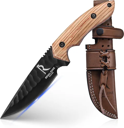 Miniatura 10 de Cuchillo de hoja fija – Cuchillo de caza de 9" recubierto en negro con punta de gota con funda de cuero - Espiga completa de acero al carbono