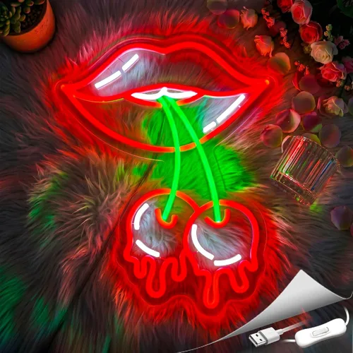 Miniatura 5 de Letrero de Neón de Labios de Cereza, Letreros de Neón para Decoración de Pared Letreros LED Rojos de Neón para Habitación Letreros de Neón Luminosos