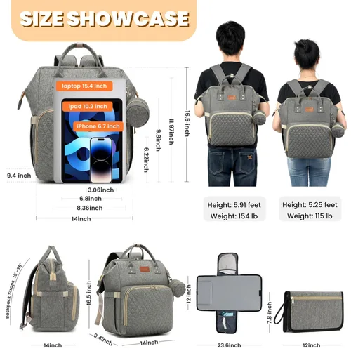 Miniatura 6 de ROSEGIN Mochila para pañales para bebé con cambiador, funda para chupete, para niños y niñas pequeños, grande, elegante, impermeable, bolsa de Gris