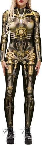 Enterizo de mujer con estampado de esqueleto de robot mecánico 3D para Halloween, disfraz de cosplay Cadena de oro